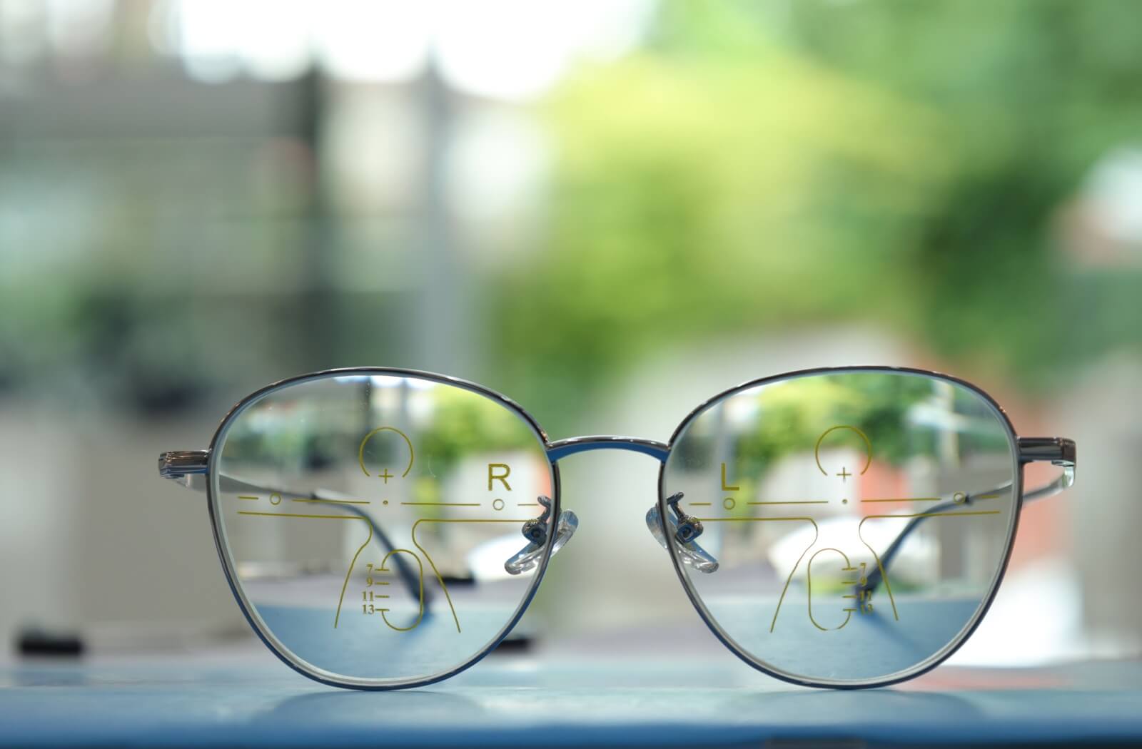 An image of glasses displaying how progressive lenses are separated into sections.