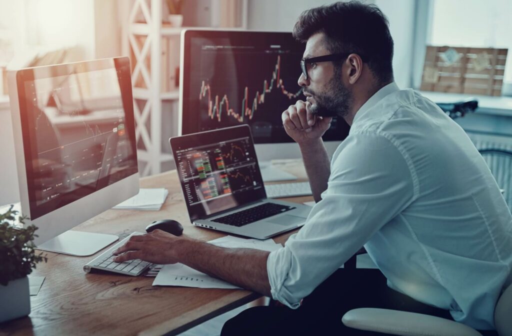 An adult wearing progressive lens works easily at different distances without changing their glasses.